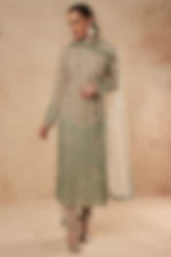 Sage Green Kurta Set With Gold Foil Work by Falguni Shane Peacock India at Pernia's Pop Up Shop