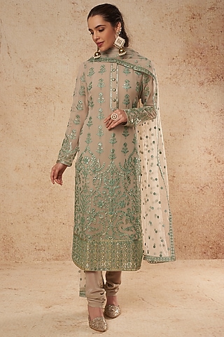 Sage Green Kurta Set With Gold Foil Work  by Falguni Shane Peacock India