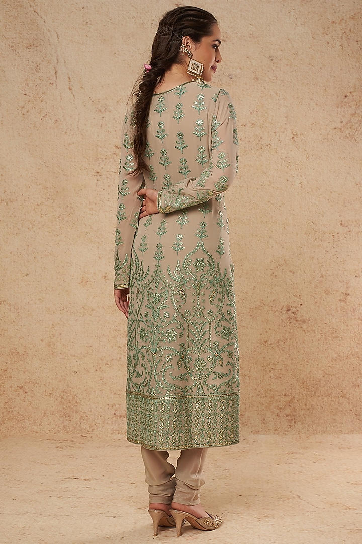 Sage Green Kurta Set With Gold Foil Work by Falguni Shane Peacock India at Pernia's Pop Up Shop