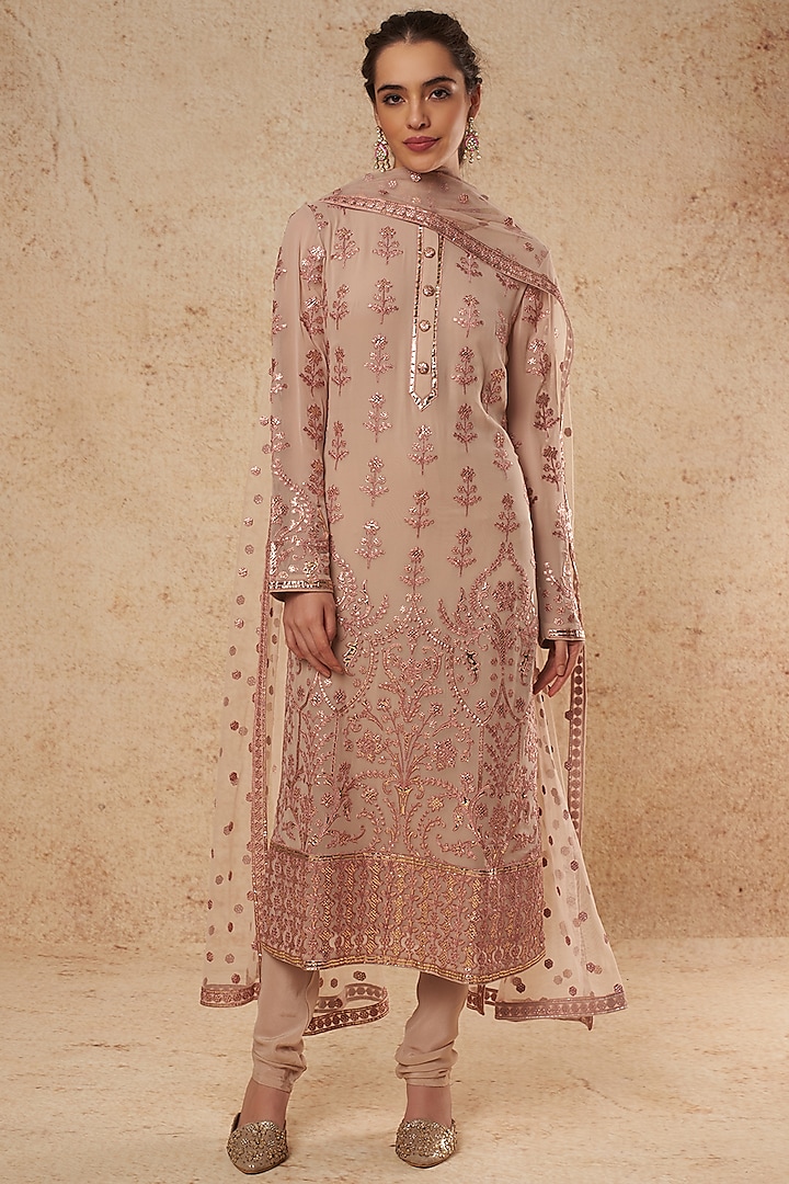 Beige Kurta Set With Gold Foil Work by Falguni Shane Peacock India at Pernia's Pop Up Shop