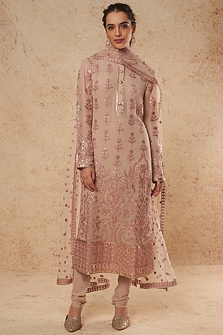 Beige Kurta Set With Gold Foil Work  by Falguni Shane Peacock India