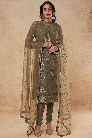 Mehndi Green Kurta Set With Gold Foil Work by Falguni Shane Peacock India