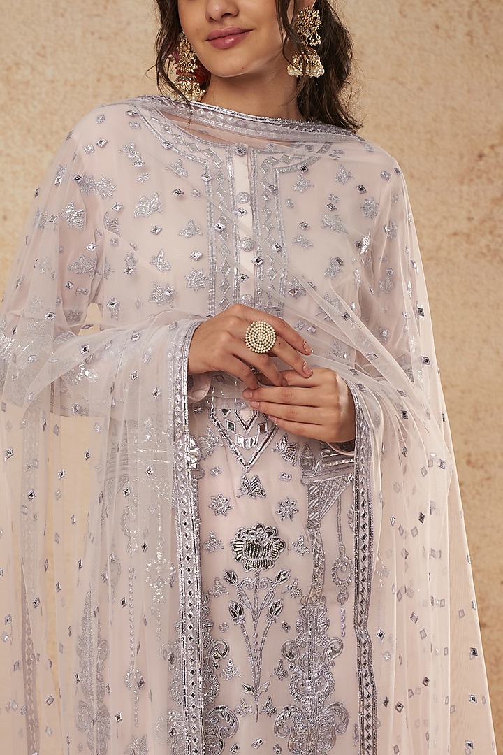 Pink Kurta Set With Silver Foil Work by Falguni Shane Peacock India at Pernia's Pop Up Shop