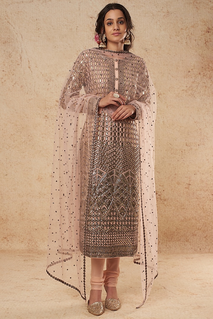 Blush Pink Kurta Set With Foil Work by Falguni Shane Peacock India at Pernia's Pop Up Shop