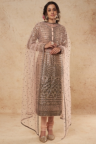 Blush Pink Kurta Set With Foil Work by Falguni Shane Peacock India