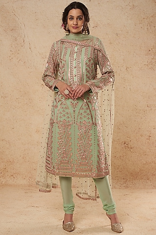 Mint Green Kurta Set With Foil Work by Falguni Shane Peacock India