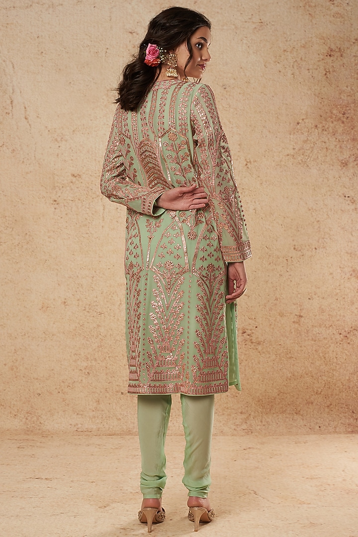 Mint Green Kurta Set With Foil Work by Falguni Shane Peacock India at Pernia's Pop Up Shop