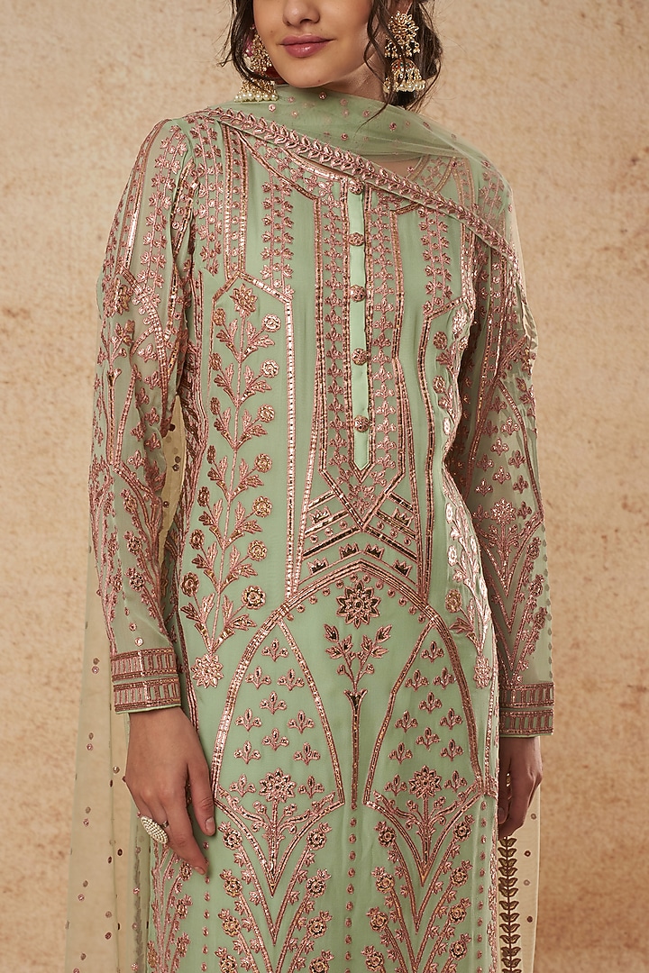 Mint Green Kurta Set With Foil Work by Falguni Shane Peacock India at Pernia's Pop Up Shop