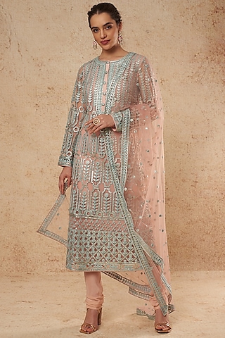 Peach Tulle Kurta Set With Foil Work  by Falguni Shane Peacock India