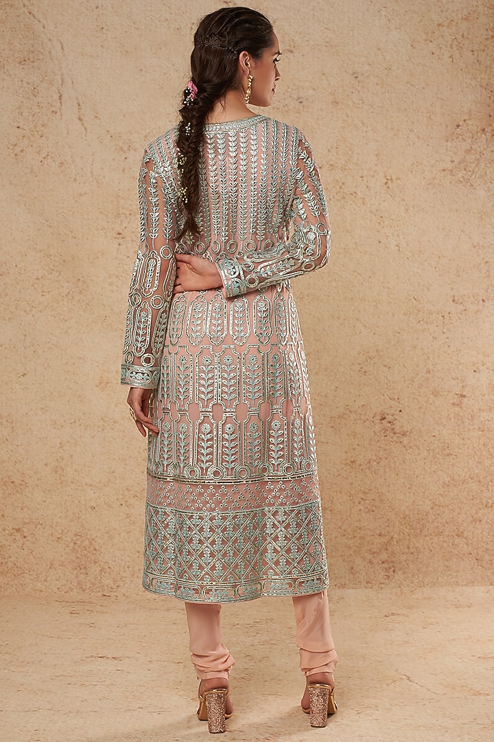 Peach Tulle Kurta Set With Foil Work by Falguni Shane Peacock India at Pernia's Pop Up Shop