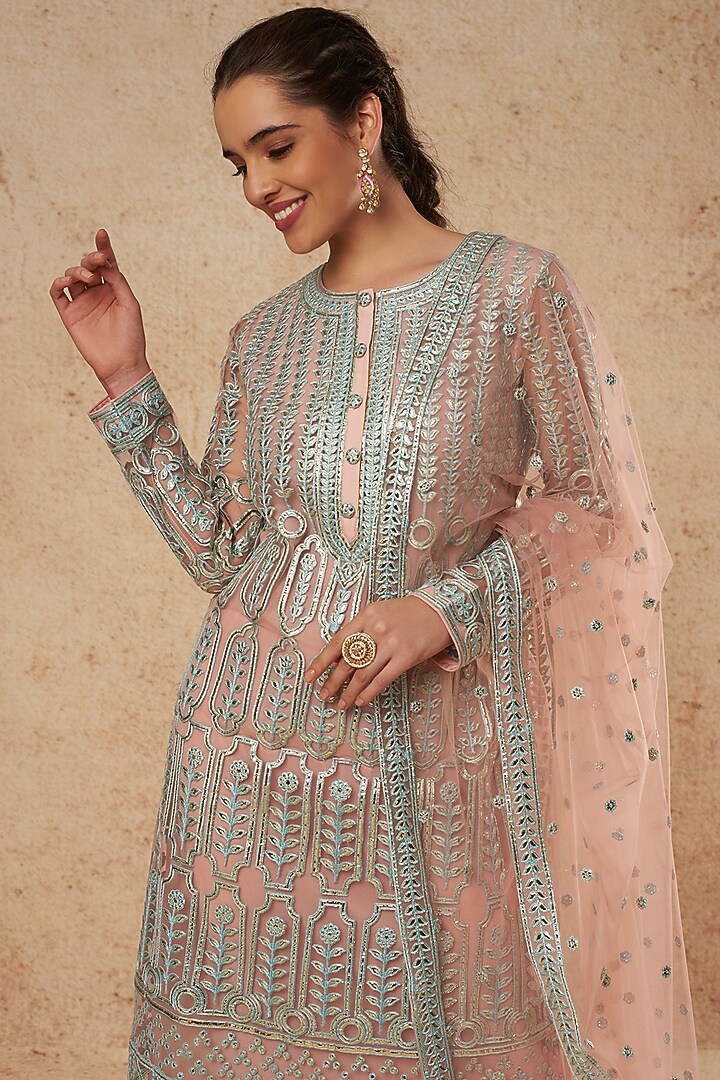 Peach Tulle Kurta Set With Foil Work by Falguni Shane Peacock India at Pernia's Pop Up Shop