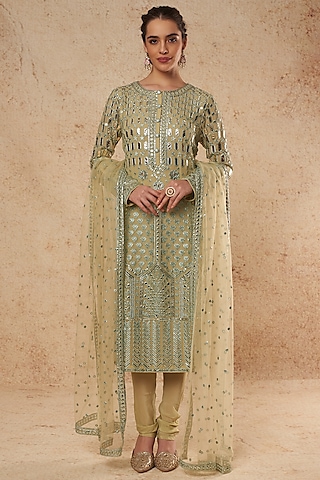 Sage Green Georgette Kurta Set With Foil Work  by Falguni Shane Peacock India