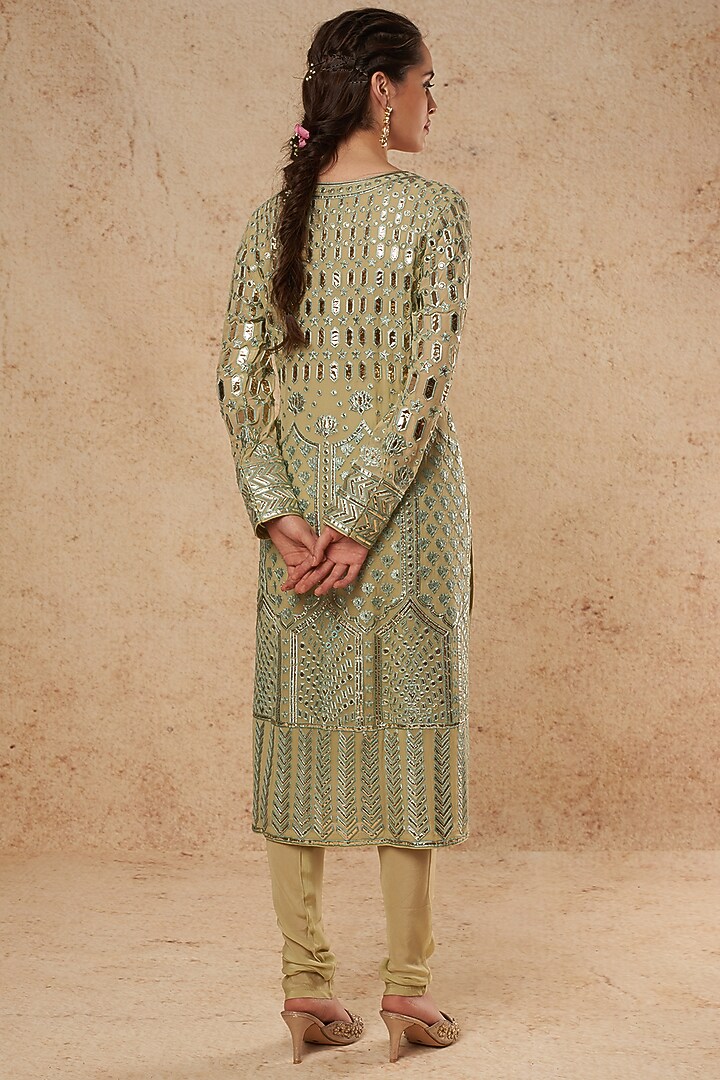 Sage Green Georgette Kurta Set With Foil Work  by Falguni Shane Peacock India at Pernia's Pop Up Shop