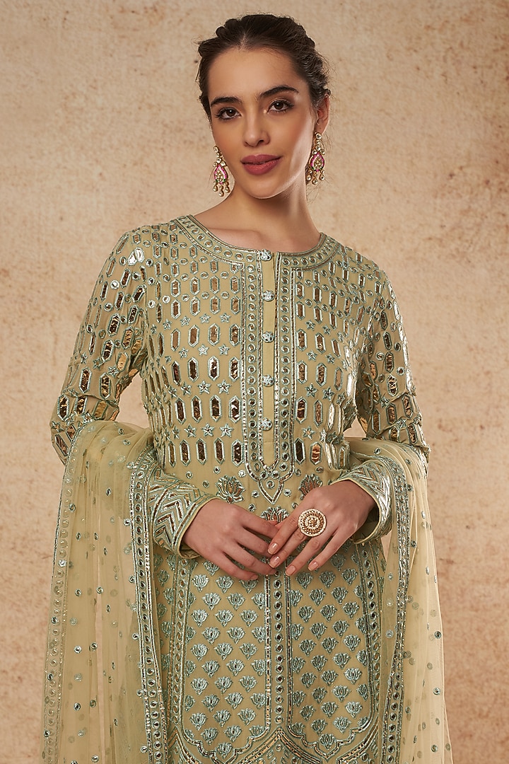 Sage Green Georgette Kurta Set With Foil Work  by Falguni Shane Peacock India at Pernia's Pop Up Shop