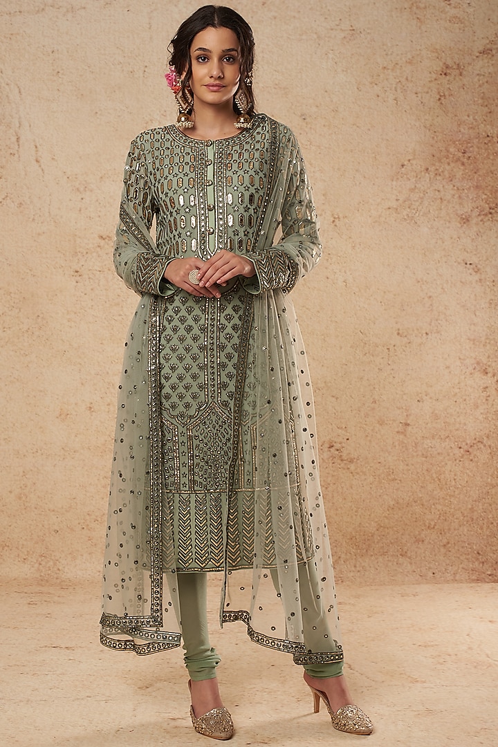 Olive Green Kurta Set With Foil Work by Falguni Shane Peacock India at Pernia's Pop Up Shop