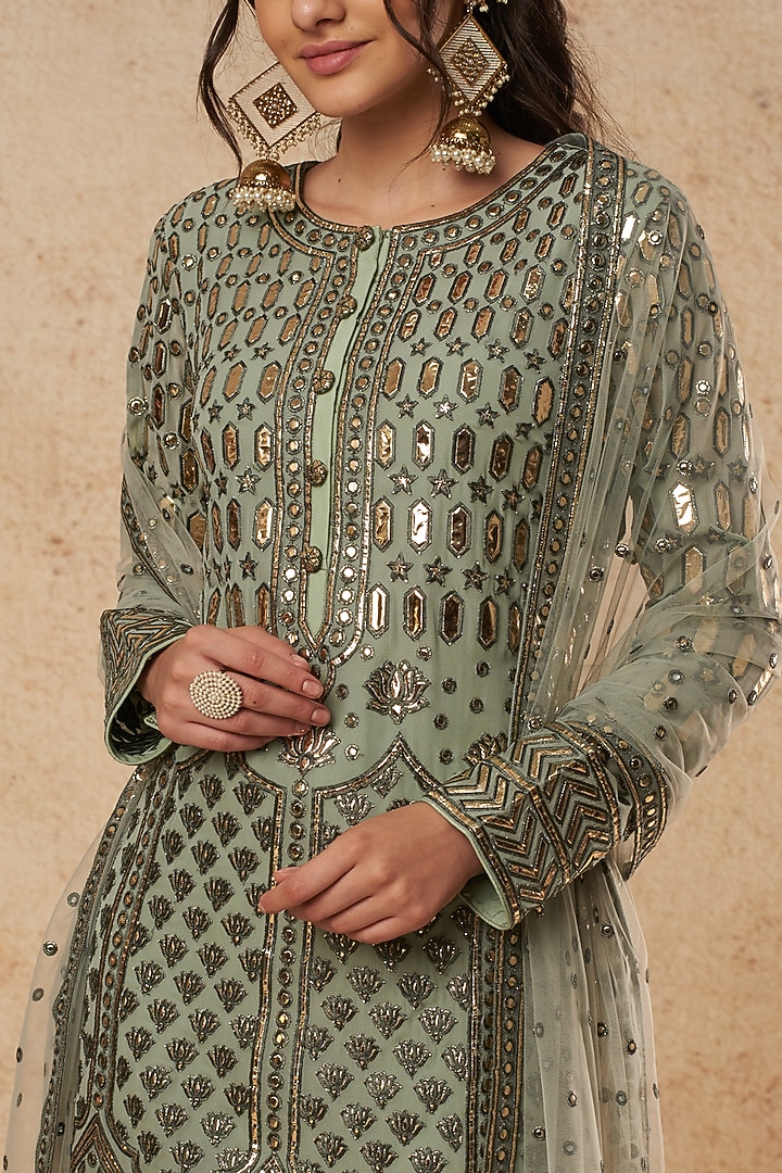 Olive Green Kurta Set With Foil Work by Falguni Shane Peacock India at Pernia's Pop Up Shop