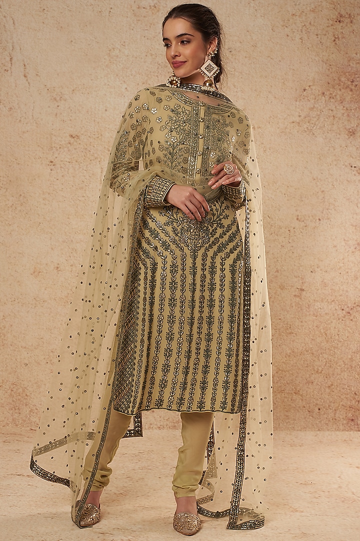 Olive Green Georgette Kurta Set With Foil Work  by Falguni Shane Peacock India