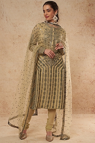 Olive Green Georgette Kurta Set With Foil Work  by Falguni Shane Peacock India