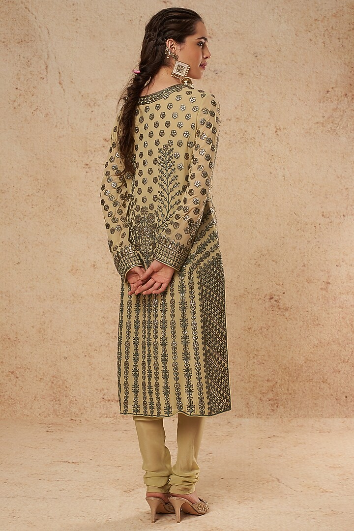 Olive Green Georgette Kurta Set With Foil Work by Falguni Shane Peacock India at Pernia's Pop Up Shop