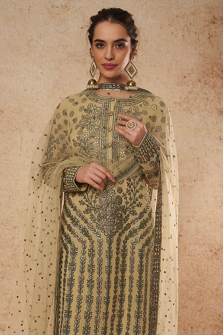 Olive Green Georgette Kurta Set With Foil Work by Falguni Shane Peacock India at Pernia's Pop Up Shop