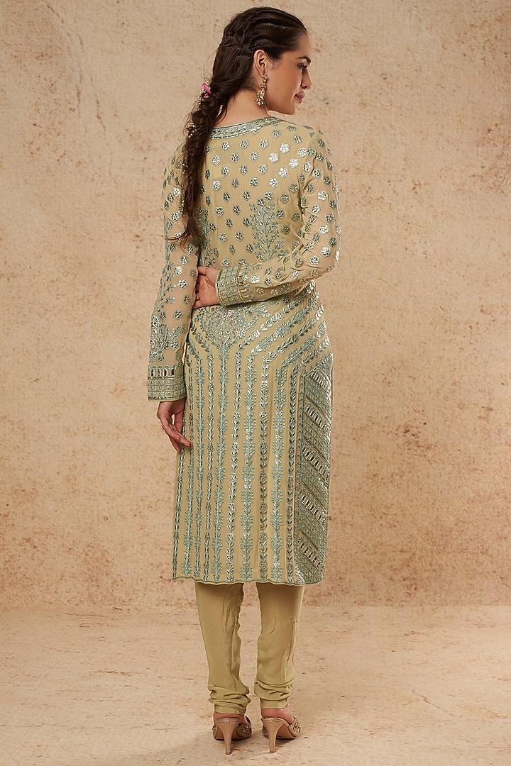 Mint Green Georgette Kurta Set With Foil Work by Falguni Shane Peacock India at Pernia's Pop Up Shop