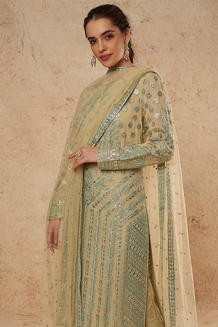 Mint Green Georgette Kurta Set With Foil Work by Falguni Shane Peacock India at Pernia's Pop Up Shop