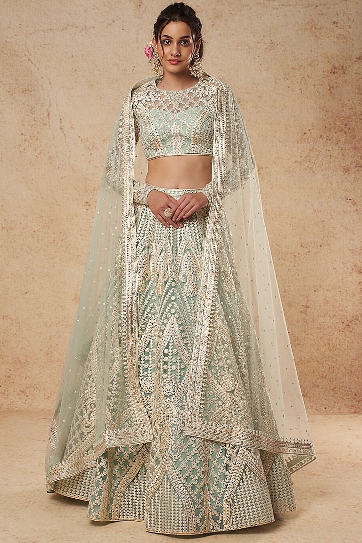 Aqua Blue Tulle Bridal Lehenga Set With Foil Work by Falguni Shane Peacock India at Pernia's Pop Up Shop