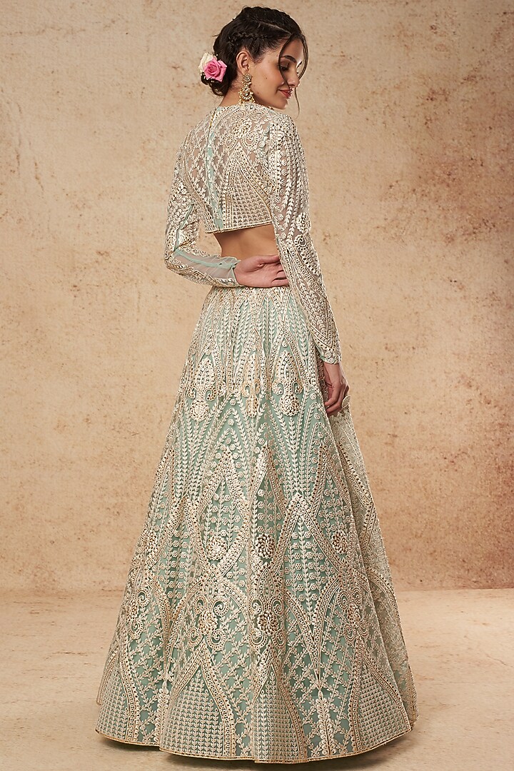 Aqua Blue Tulle Bridal Lehenga Set With Foil Work by Falguni Shane Peacock India at Pernia's Pop Up Shop