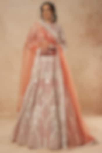 Burnt Orange Tulle Lehenga Set With Foil Work by Falguni Shane Peacock India