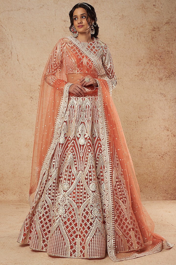 Burnt Orange Tulle Bridal Lehenga Set With Foil Work by Falguni Shane Peacock India at Pernia's Pop Up Shop