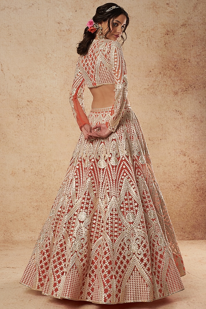 Burnt Orange Tulle Bridal Lehenga Set With Foil Work by Falguni Shane Peacock India at Pernia's Pop Up Shop