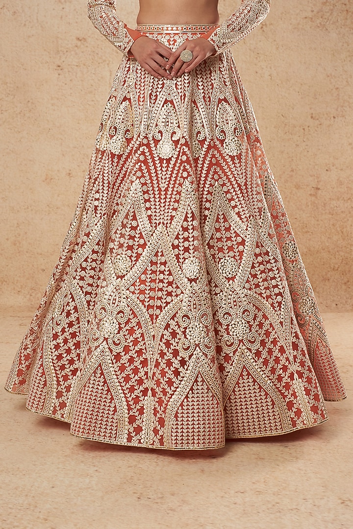 Burnt Orange Tulle Bridal Lehenga Set With Foil Work by Falguni Shane Peacock India at Pernia's Pop Up Shop