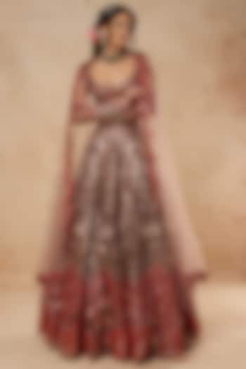 Brown & Red Tulle Bridal Lehenga Set With Foil Work by Falguni Shane Peacock India at Pernia's Pop Up Shop