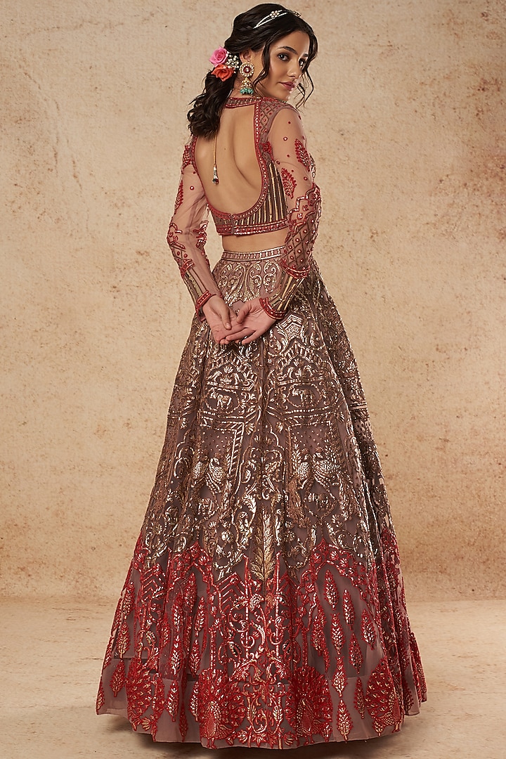 Brown & Red Tulle Bridal Lehenga Set With Foil Work by Falguni Shane Peacock India at Pernia's Pop Up Shop