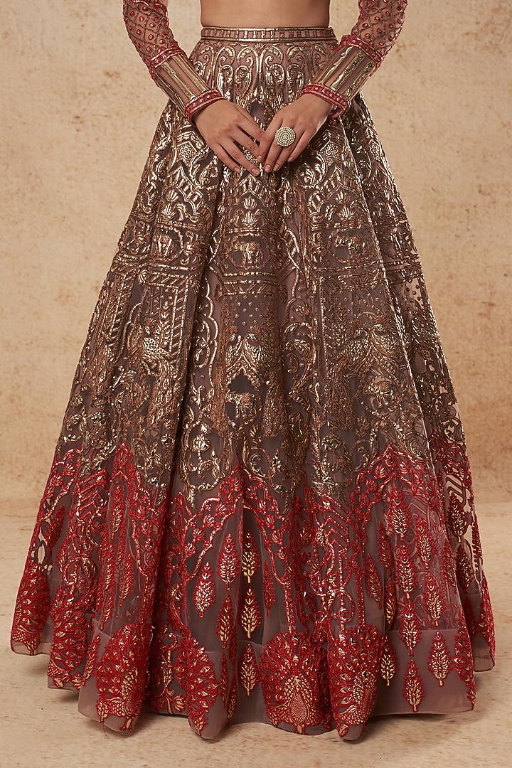 Brown & Red Tulle Bridal Lehenga Set With Foil Work by Falguni Shane Peacock India at Pernia's Pop Up Shop