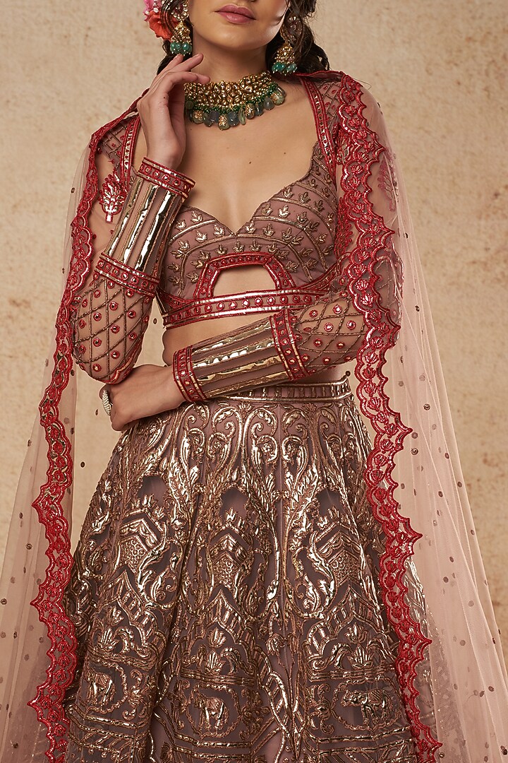 Brown & Red Tulle Bridal Lehenga Set With Foil Work by Falguni Shane Peacock India at Pernia's Pop Up Shop