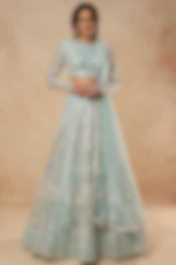Sky Blue Tulle Bridal Lehenga Set With Foil Work by Falguni Shane Peacock India at Pernia's Pop Up Shop