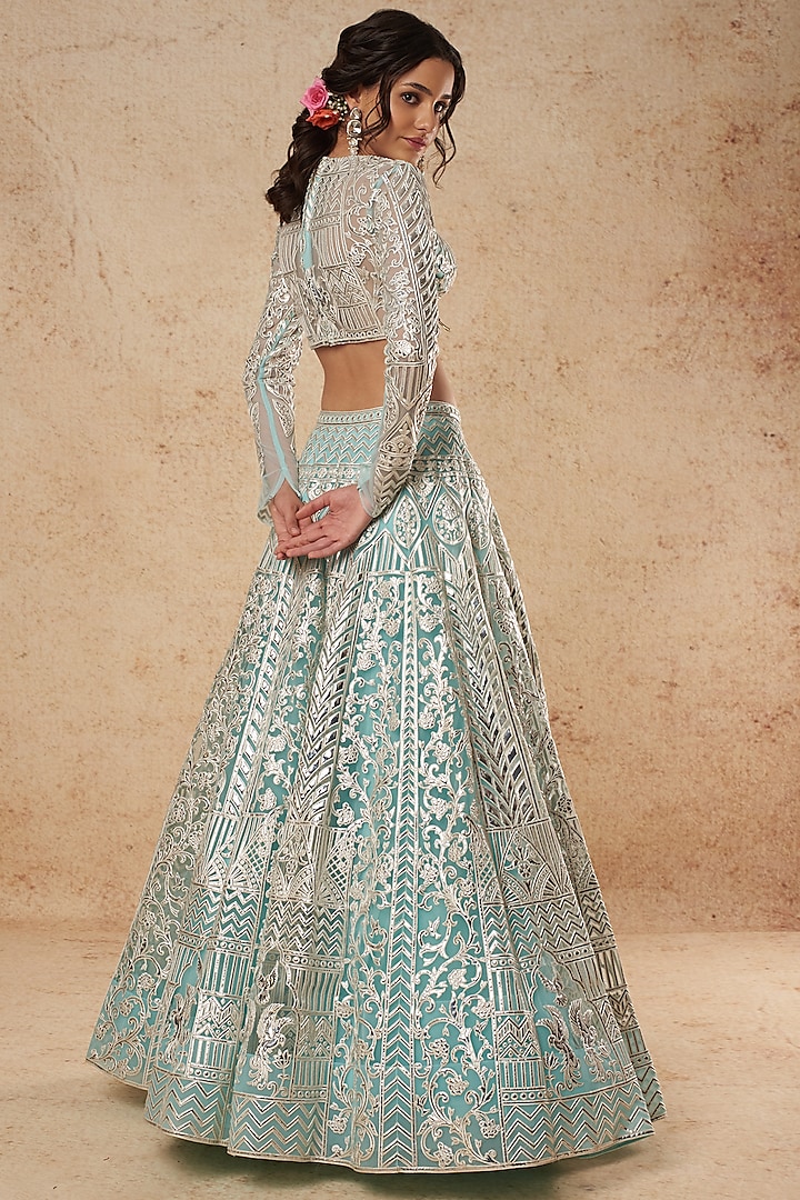 Sky Blue Tulle Bridal Lehenga Set With Foil Work by Falguni Shane Peacock India at Pernia's Pop Up Shop
