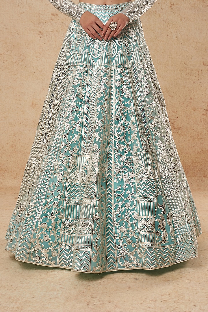 Sky Blue Tulle Bridal Lehenga Set With Foil Work by Falguni Shane Peacock India at Pernia's Pop Up Shop