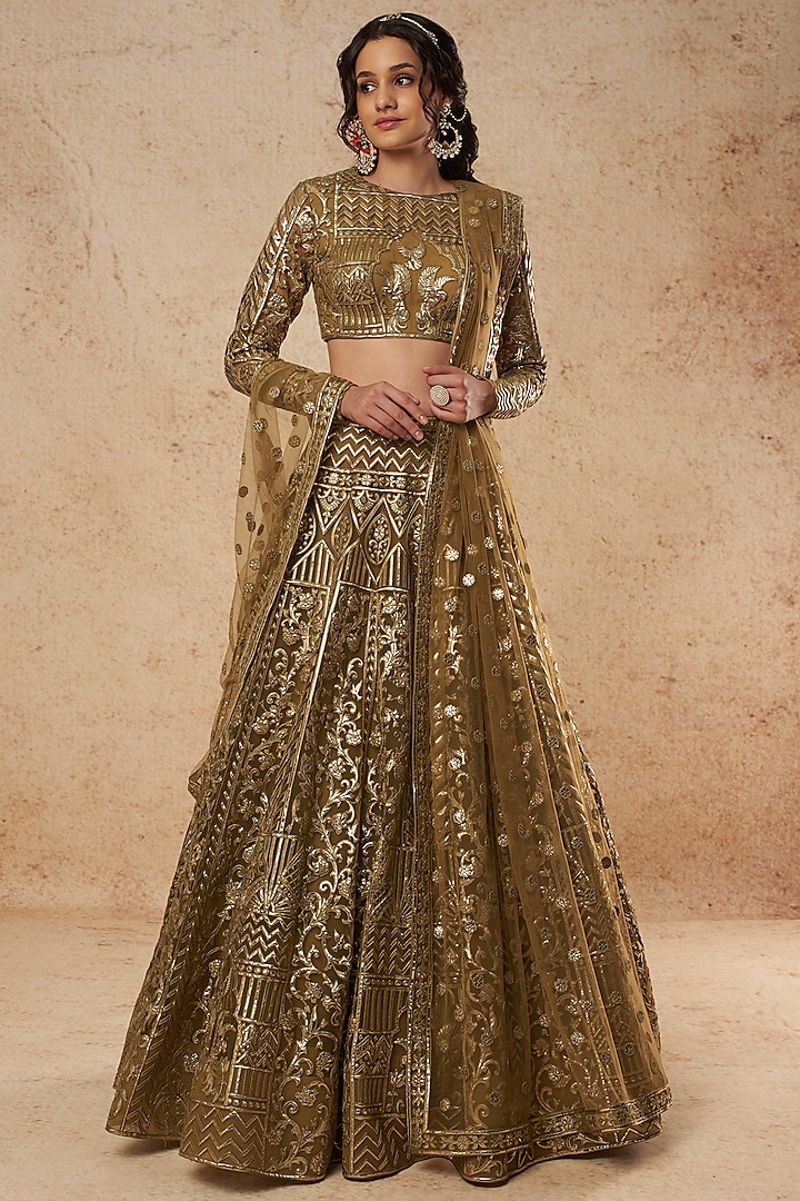 Mehendi Green Tulle Bridal Lehenga Set With Foil Work by Falguni Shane Peacock India at Pernia's Pop Up Shop