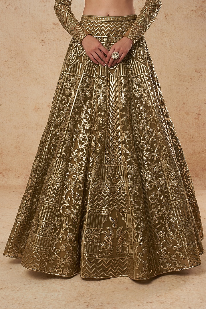 Mehendi Green Tulle Bridal Lehenga Set With Foil Work by Falguni Shane Peacock India at Pernia's Pop Up Shop