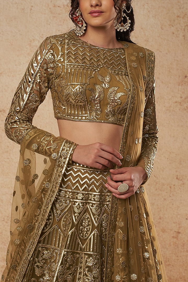 Mehendi Green Tulle Bridal Lehenga Set With Foil Work by Falguni Shane Peacock India at Pernia's Pop Up Shop