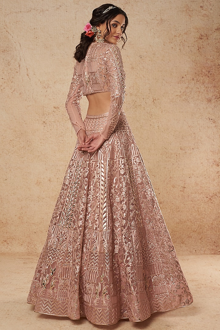 Blush Pink Tulle Bridal Lehenga Set With Foil Work by Falguni Shane Peacock India at Pernia's Pop Up Shop