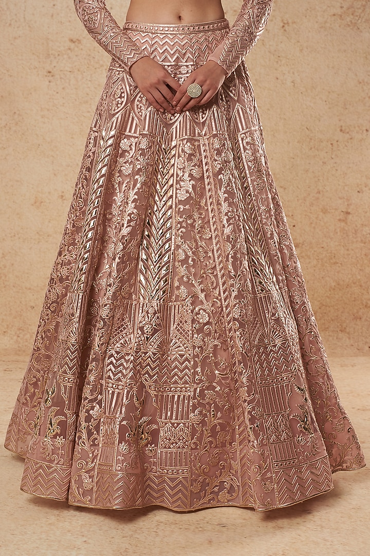 Blush Pink Tulle Bridal Lehenga Set With Foil Work by Falguni Shane Peacock India at Pernia's Pop Up Shop