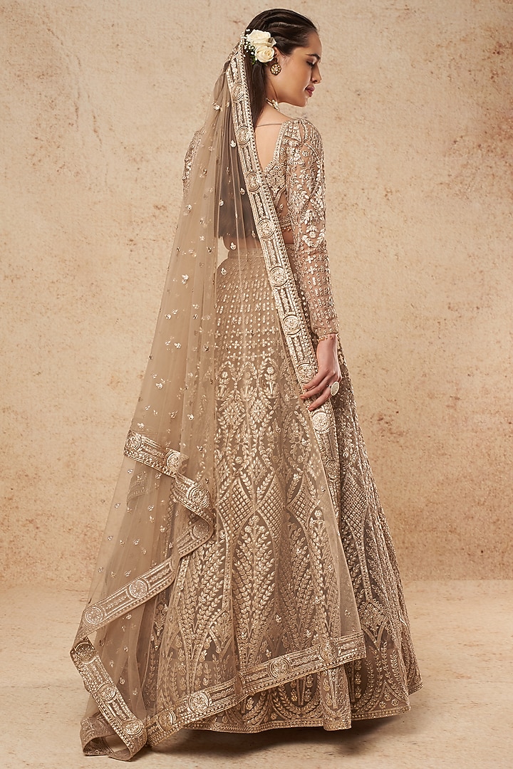 Beige Tulle Bridal Lehenga Set by Falguni Shane Peacock India at Pernia's Pop Up Shop