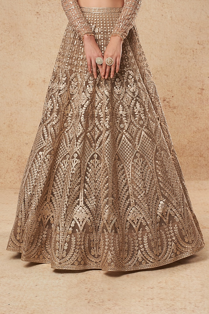 Beige Tulle Bridal Lehenga Set by Falguni Shane Peacock India at Pernia's Pop Up Shop