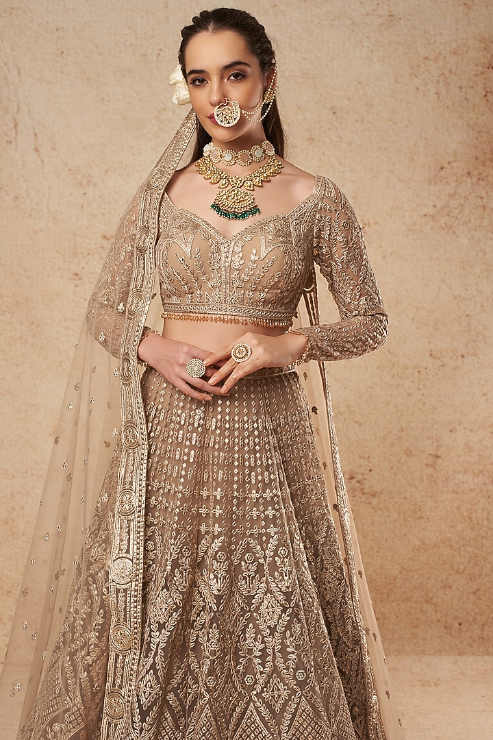 Beige Tulle Bridal Lehenga Set by Falguni Shane Peacock India at Pernia's Pop Up Shop