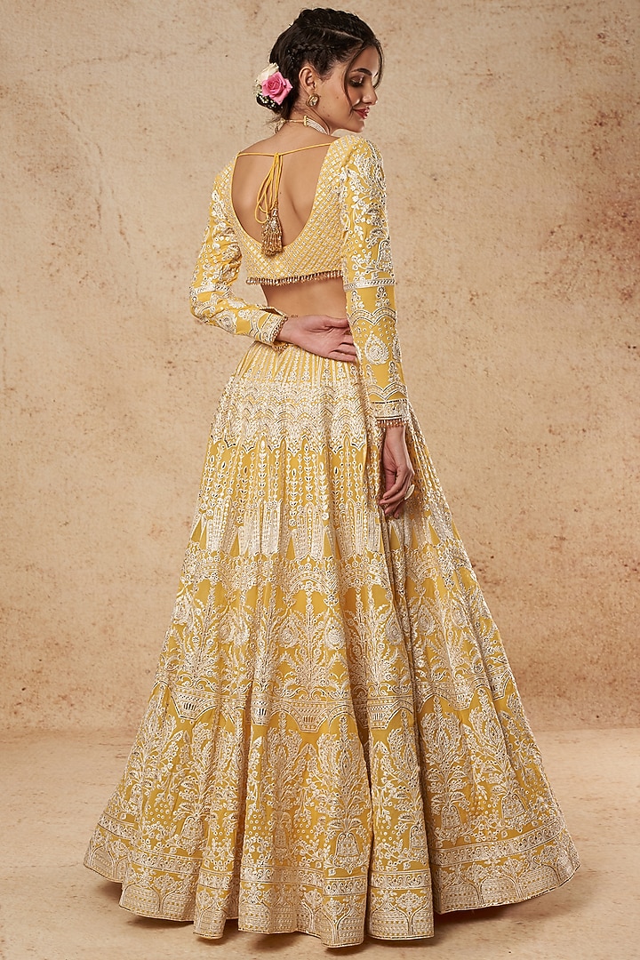 Yellow Georgette Bridal Lehenga Set With Foil Work by Falguni Shane Peacock India at Pernia's Pop Up Shop