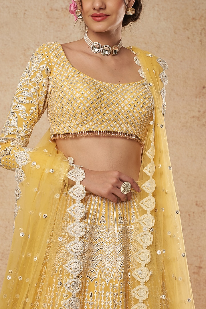 Yellow Georgette Bridal Lehenga Set With Foil Work by Falguni Shane Peacock India at Pernia's Pop Up Shop