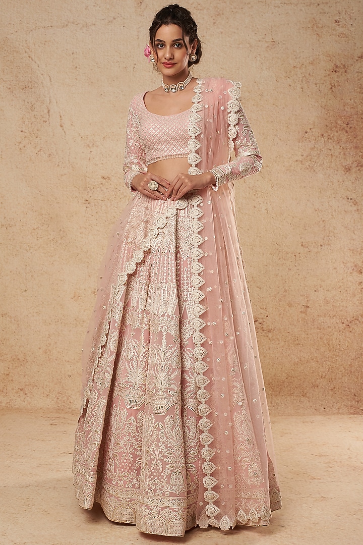 Pink Georgette Bridal Lehenga Set With Foil Work by Falguni Shane Peacock India at Pernia's Pop Up Shop
